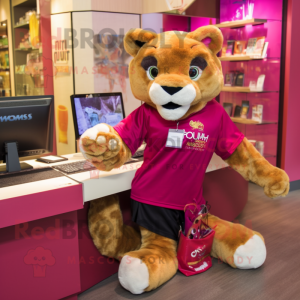 Magenta Mountain Lion mascot costume character dressed with a T-Shirt and Cummerbunds