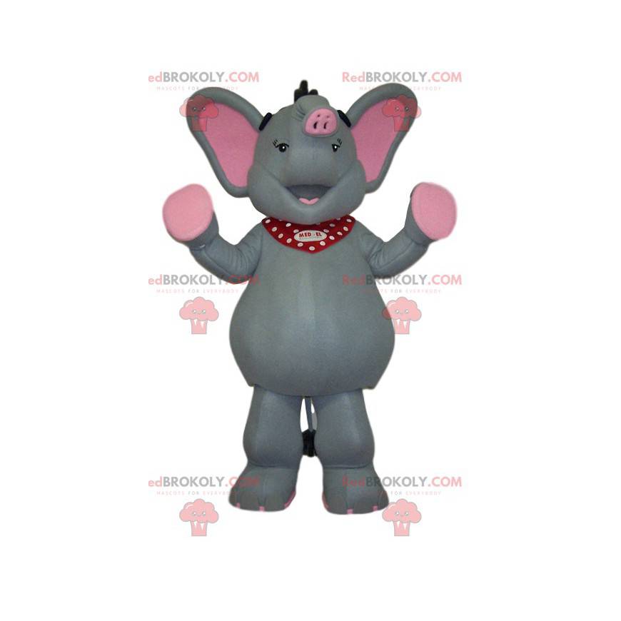 Mascota elefante gris y rosa muy feliz - Redbrokoly.com