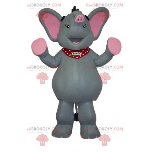 Mascota elefante gris y rosa muy feliz - Redbrokoly.com