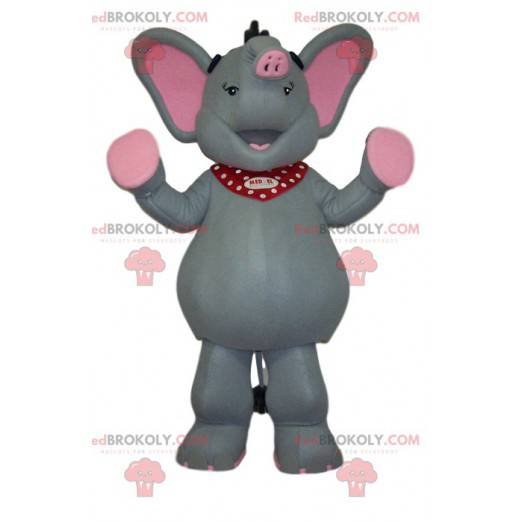 Mascote elefante cinza e rosa muito feliz - Redbrokoly.com