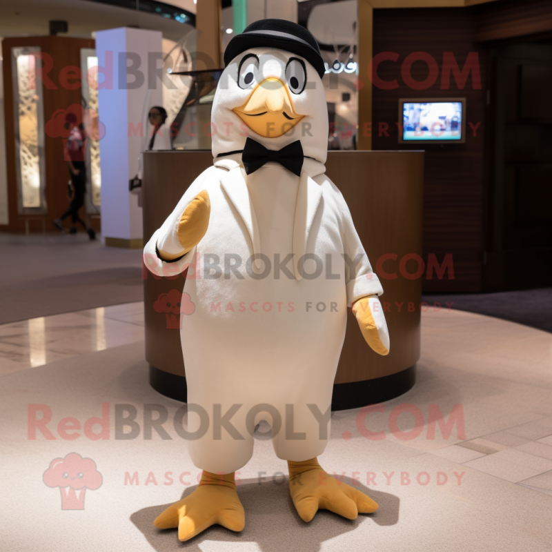 Cream Penguin mascot costume character dressed with a Dress Shirt and Earrings