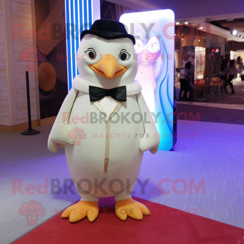 Cream Penguin mascot costume character dressed with a Dress Shirt and Earrings