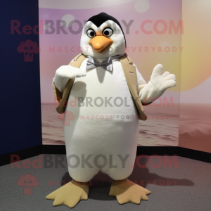 Cream Penguin mascot costume character dressed with a Dress Shirt and Earrings