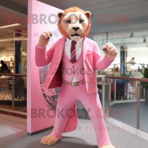 Pink Smilodon mascot costume character dressed with a Coat and Tie pins