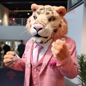 Pink Smilodon mascot costume character dressed with a Coat and Tie pins