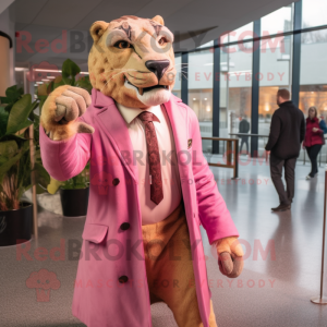 Pink Smilodon mascot costume character dressed with a Coat and Tie pins