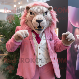 Pink Smilodon mascot costume character dressed with a Coat and Tie pins