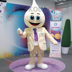 Cream Plum mascot costume character dressed with a Blazer and Tie pins