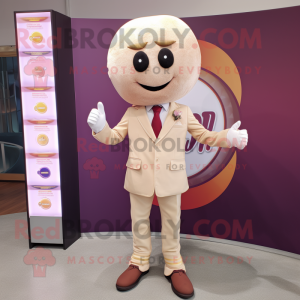 Cream Plum mascot costume character dressed with a Blazer and Tie pins