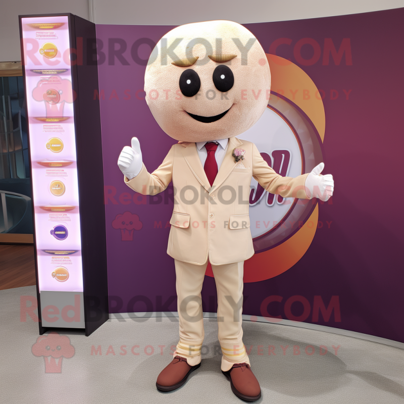 Cream Plum mascot costume character dressed with a Blazer and Tie pins