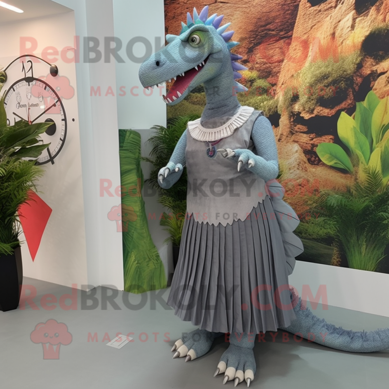 Gray Spinosaurus mascot costume character dressed with a Maxi Dress and Bracelet watches