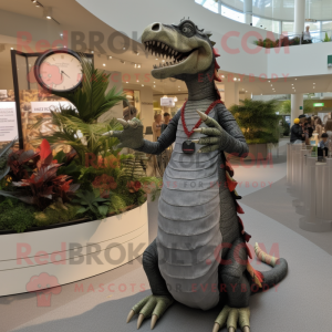 Gray Spinosaurus mascot costume character dressed with a Maxi Dress and Bracelet watches