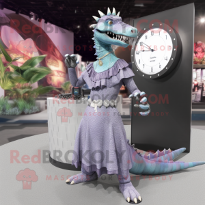 Gray Spinosaurus mascot costume character dressed with a Maxi Dress and Bracelet watches