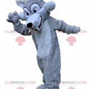 Mascotte de loup gris argentée avec ses grandes dents -