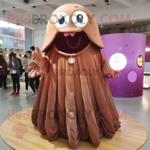 Brown Jellyfish mascot costume character dressed with a A-Line Skirt and Rings