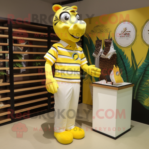 Lemon Yellow Zebra mascot costume character dressed with a Polo Tee and Wallets