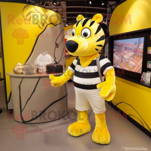 Lemon Yellow Zebra mascot costume character dressed with a Polo Tee and Wallets