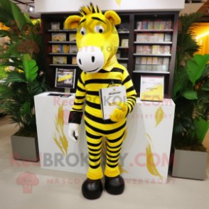 Lemon Yellow Zebra mascot costume character dressed with a Polo Tee and Wallets