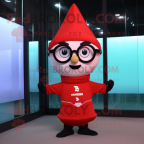 Red Hourglass mascot costume character dressed with a Sweatshirt and Eyeglasses