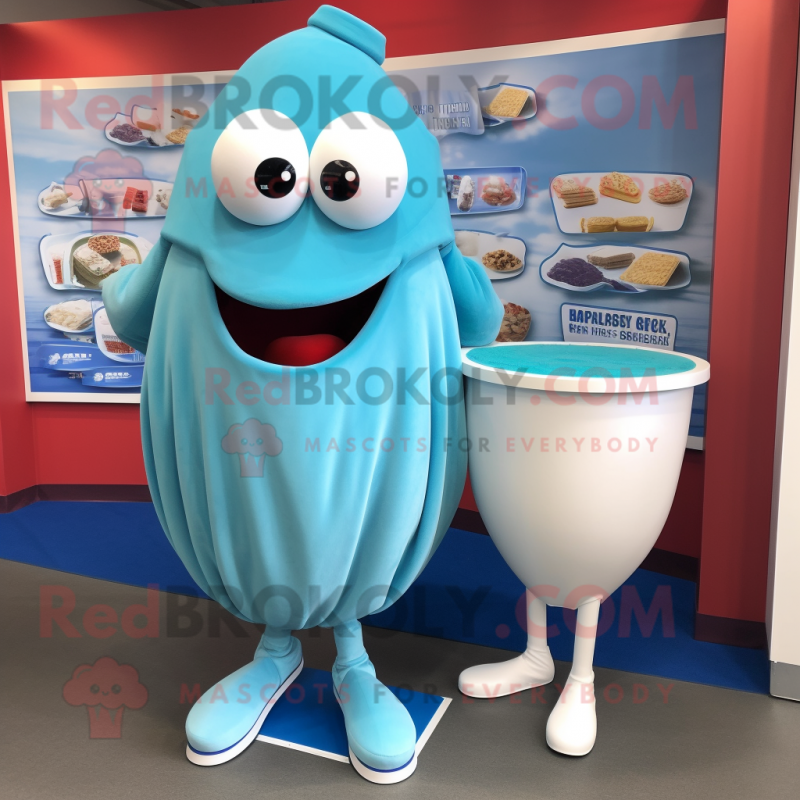 Sky Blue Clam Chowder mascot costume character dressed with a Capri Pants and Rings