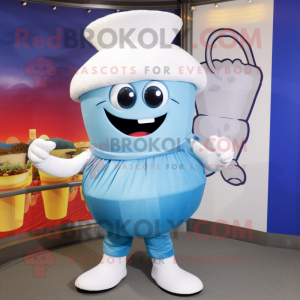 Sky Blue Clam Chowder mascot costume character dressed with a Capri Pants and Rings