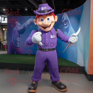 Purple Knife Thrower mascot costume character dressed with a Overalls and Caps