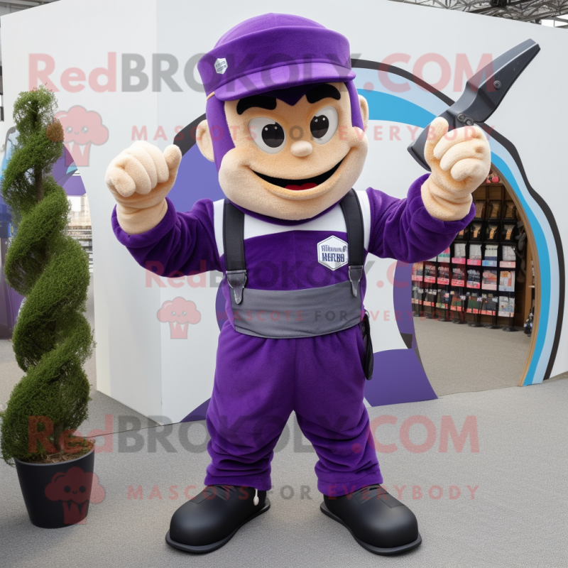 Purple Knife Thrower mascot costume character dressed with a Overalls and Caps Purple Knife Thrower mascot costume character dressed with a Overalls and Caps