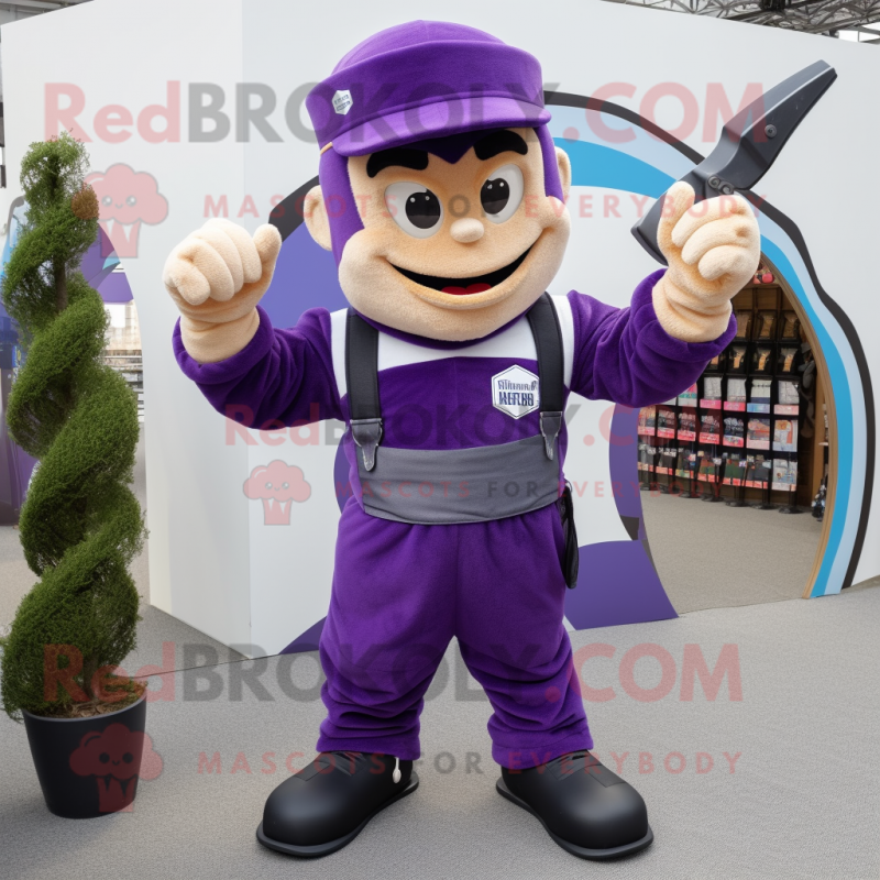 Purple Knife Thrower mascot costume character dressed with a Overalls and Caps