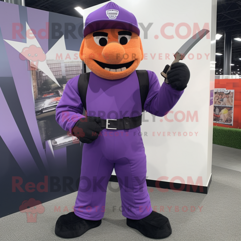 Purple Knife Thrower mascot costume character dressed with a Overalls and Caps Purple Knife Thrower mascot costume character dressed with a Overalls and Caps