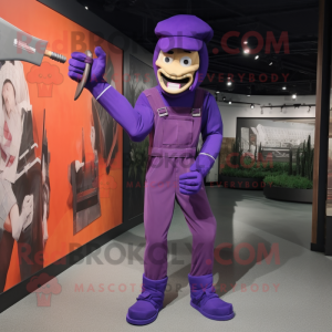 Purple Knife Thrower mascot costume character dressed with a Overalls and Caps