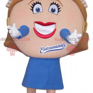 Flirtatious woman mascot with a disproportionate head -