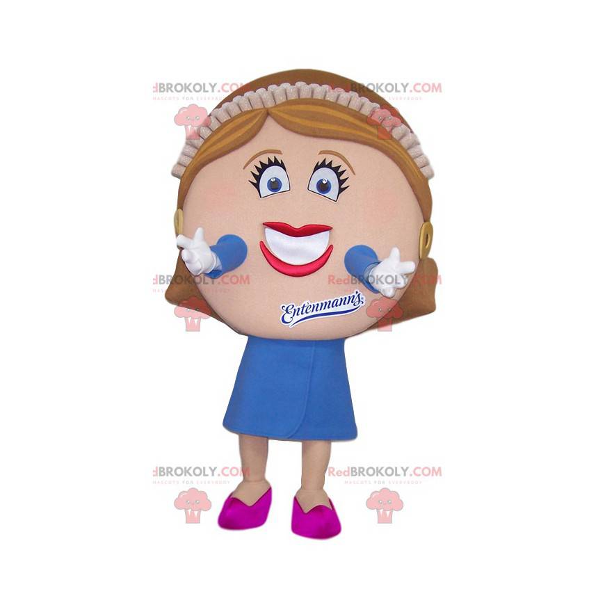 Flirtatious woman mascot with a disproportionate head -