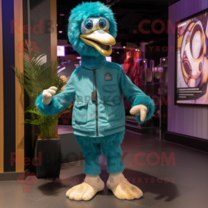 Teal Ostrich mascot costume character dressed with a Bomber Jacket and Shoe laces