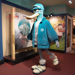 Teal Ostrich mascot costume character dressed with a Bomber Jacket and Shoe laces