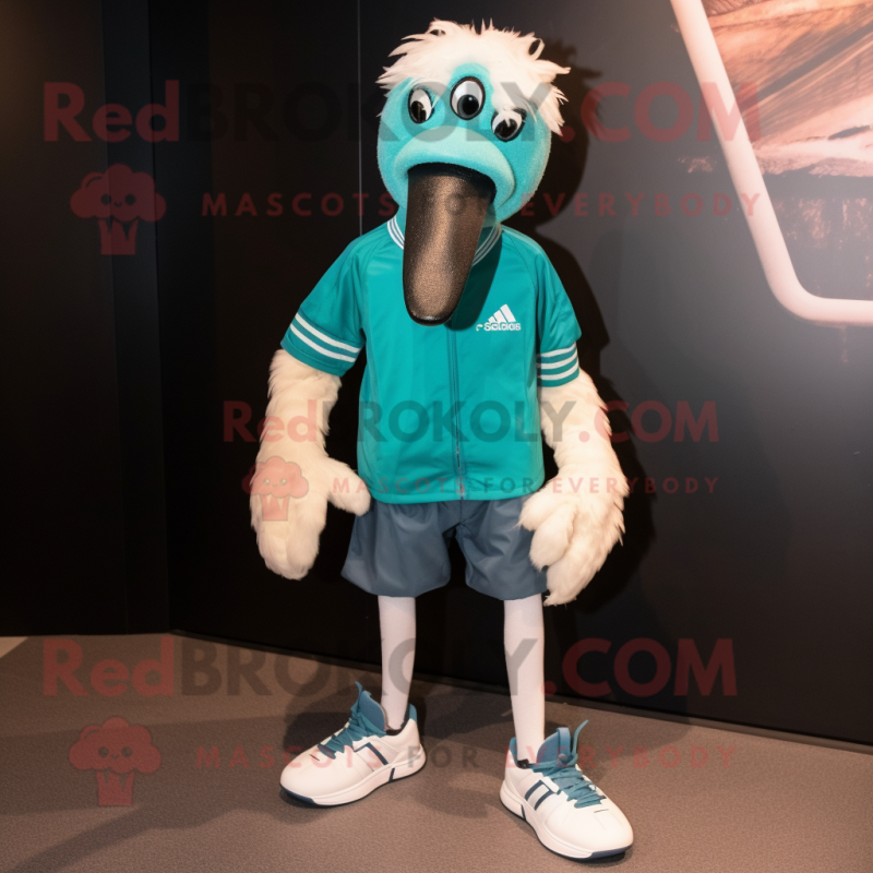 Teal Ostrich mascot costume character dressed with a Bomber Jacket and Shoe laces