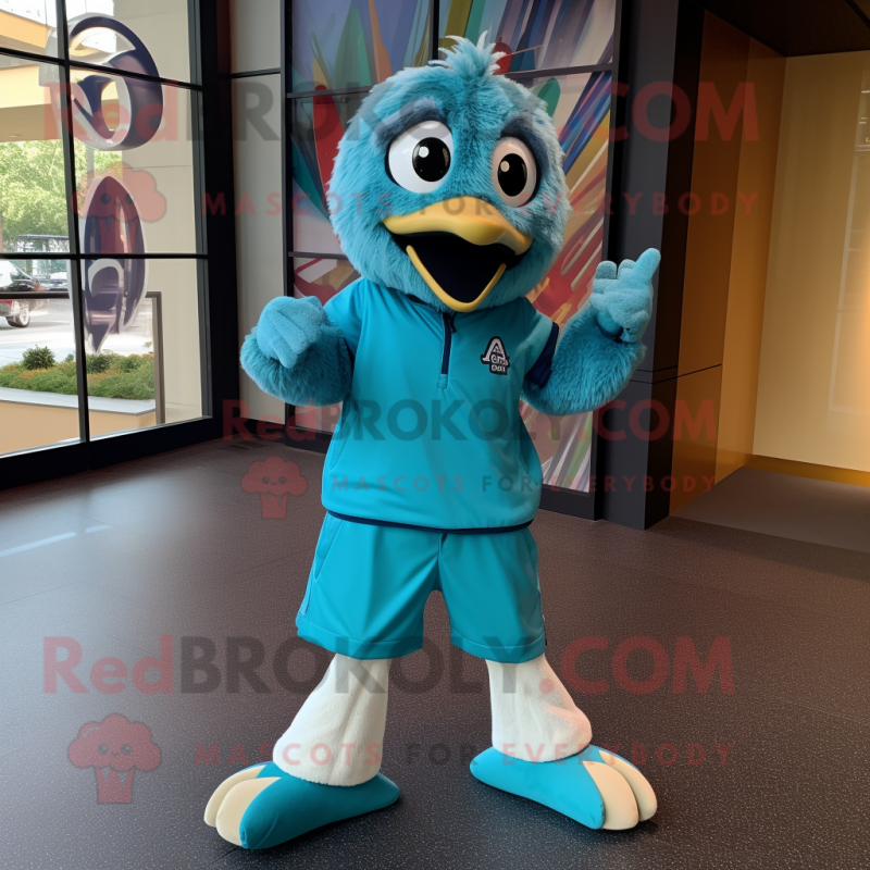 Teal Ostrich mascot costume character dressed with a Bomber Jacket and Shoe laces