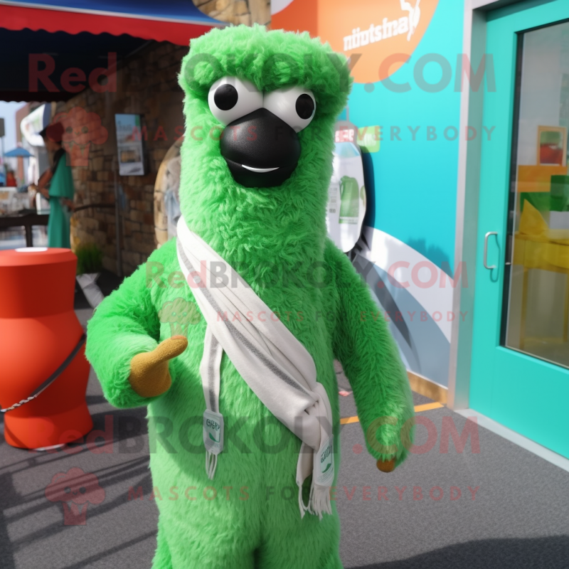 Green Alpaca mascot costume character dressed with a One-Piece Swimsuit and Scarf clips Green Alpaca mascot costume character dressed with a One-Piece Swimsuit and Scarf clips