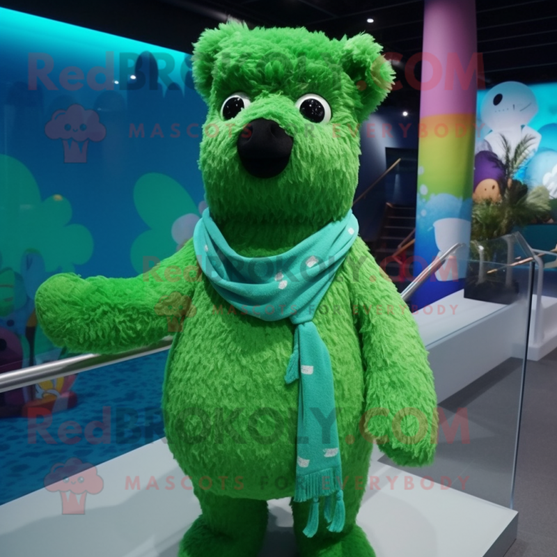 Green Alpaca mascot costume character dressed with a One-Piece Swimsuit and Scarf clips Green Alpaca mascot costume character dressed with a One-Piece Swimsuit and Scarf clips