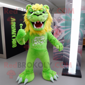 Lime Green Saber-Toothed Tiger mascot costume character dressed with a Flare Jeans and Hair clips