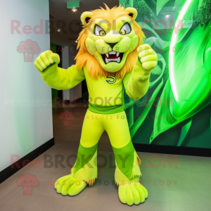 Lime Green Saber-Toothed Tiger mascot costume character dressed with a Flare Jeans and Hair clips