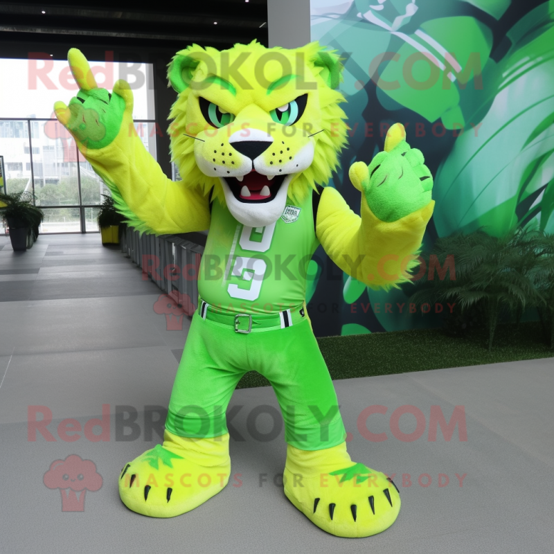 Lime Green Saber-Toothed Tiger mascot costume character dressed with a Flare Jeans and Hair clips