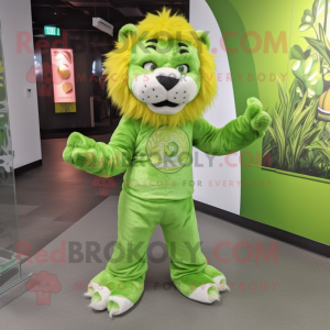 Lime Green Saber-Toothed Tiger mascot costume character dressed with a Flare Jeans and Hair clips