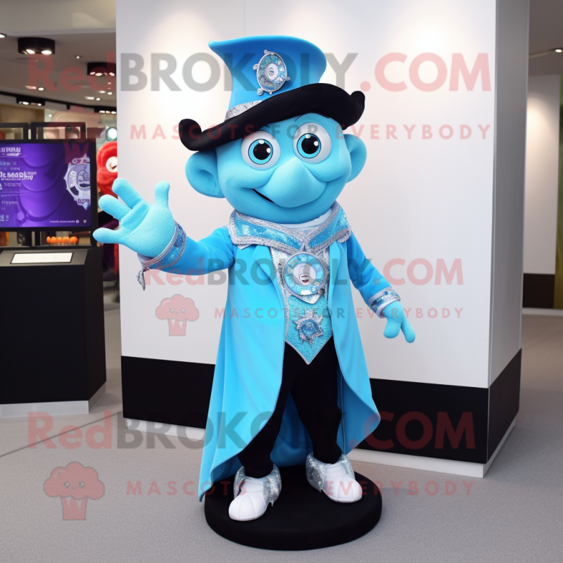 Sky Blue Magician mascot costume character dressed with a Dress Pants and Bracelet watches