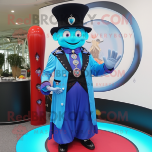 Sky Blue Magician mascot costume character dressed with a Dress Pants and Bracelet watches