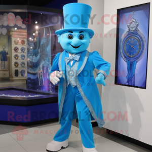 Sky Blue Magician mascot costume character dressed with a Dress Pants and Bracelet watches