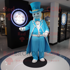 Sky Blue Magician mascot costume character dressed with a Dress Pants and Bracelet watches