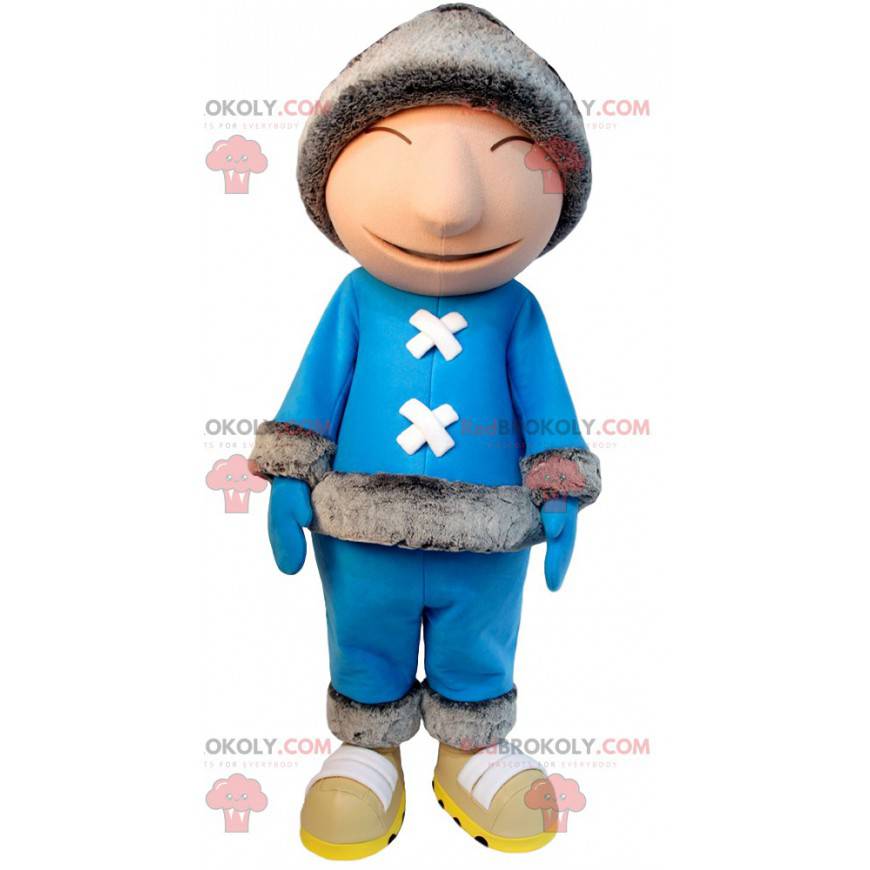 Mascotte d'Inuit en tenue bleue et sa tuque en fourrure -