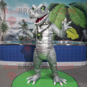 Silver Crocodile mascot costume character dressed with a Swimwear and Earrings