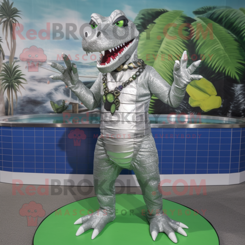 Silver Crocodile mascot costume character dressed with a Swimwear and Earrings Silver Crocodile mascot costume character dressed with a Swimwear and Earrings