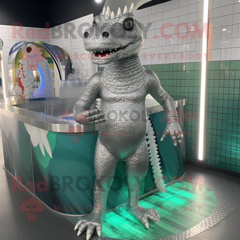 Silver Crocodile mascot costume character dressed with a Swimwear and Earrings Silver Crocodile mascot costume character dressed with a Swimwear and Earrings